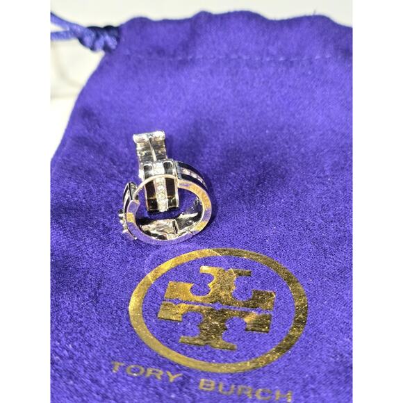 Tory Burch Kira Black & Silver Crystal Hoop Huggy Earrings w/TB Pouch - NWOT - Picture 5 of 8